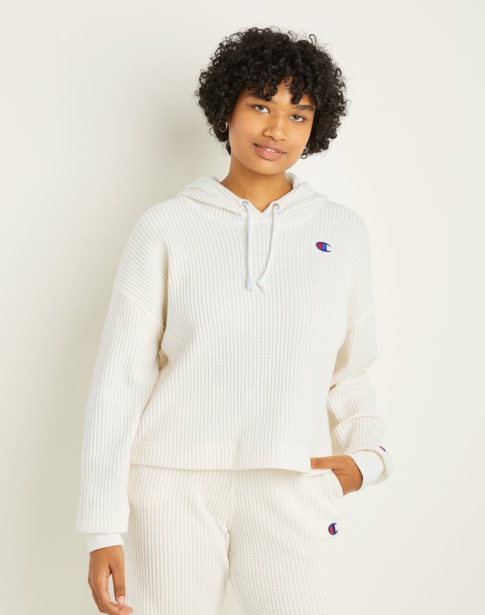 Champion Waffle Knit Kadın Kapşonlu Sweatshirt Beyaz ( HEAPBF964 )